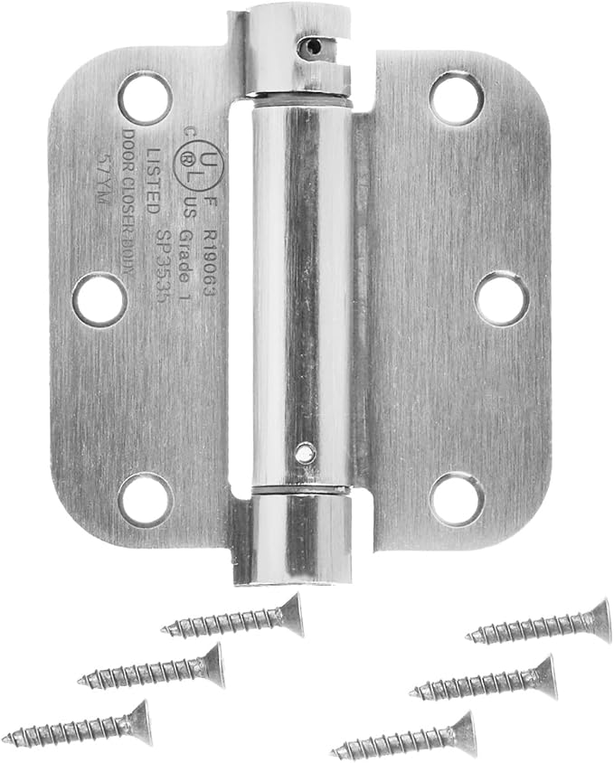 Amazon Basics Self-Closing Door Hinge, 3.5 Inch x 3.5 Inch, 5/8-Inch Radius, Satin Nickel, 1-Piece, Hardware Included