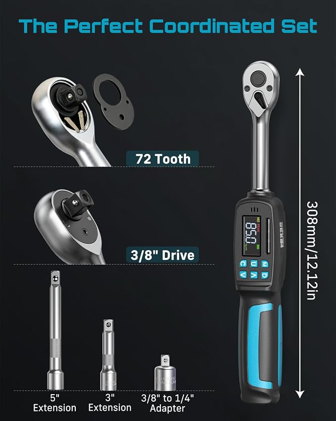 Seesii Digital Torque Wrench 3/8" Drive (2.95-99.6 ft.lbs / 4-135 N.m) | ±2% Accuracy, Buzzer and LED Flash 4 Units Mode with 5"&3" Extension Bar 1/2" Adapter for Auto/Motorcycle/Bicycle Repair