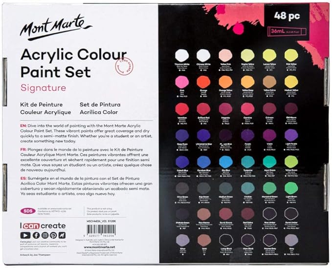 Mont Marte Acrylic Colour Paint Set Signature 48pc x 1.21 US fl.oz (36ml), Acrylic Paint Kit Ideal for Canvas, Wood, Air Dried Clay, Cardboard and More, Great Beginner Acrylic Paint Set, Includes 48 Colors