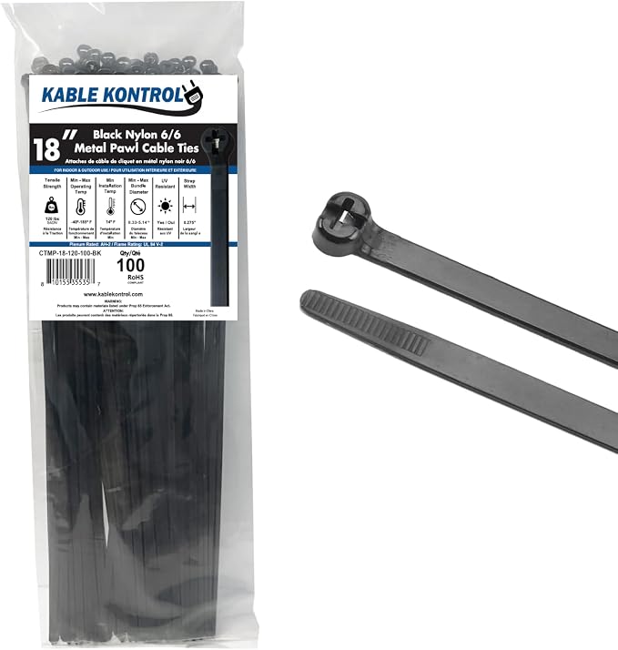 Kable Kontrol Metal Pawl Cable Ties, 18 Inch 100 Pcs, 120 Lbs Test – Black | Metal Tooth, Stainless Steel Toothed Self-Locking Ties, UV Resistant Steel Barb Zip Ties for Indoor & Outdoor Use
