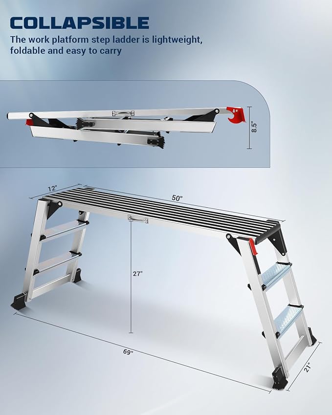 Aluminum Work Platform, Folding Work Platform Two Step Ladder, 50"×12"×27" Heavy Duty Ladder 𝐋𝐚𝐫𝐠𝐞 𝐒𝐢𝐳𝐞 Step Stool for Home, Office, Workshop and Garage