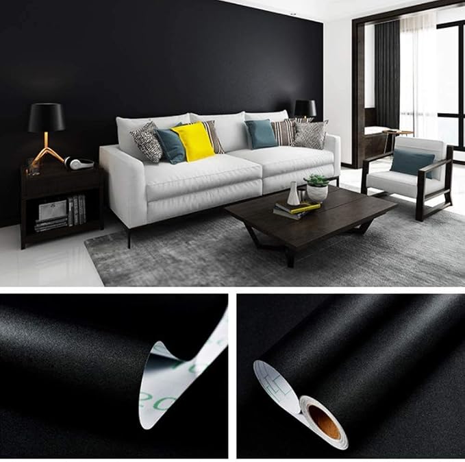 15.7" x393.7" Black Wallpaper Self Adhesive and Removable | Peel and Stick Vinyl Film Stick Paper Easy to Apply Wall Coverings Shelf Home Decorative Liner Table and Door Reform