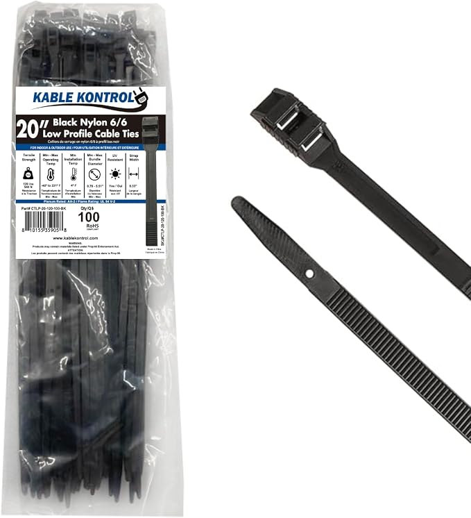 Kable Kontrol Low-Profile Cable Ties 20 Inch 100 Pcs, 120 Lbs Test - Black | Double Locking Cable Ties UL Listed Inline Zip Ties - Chemical, UV & Abrasion Resistant Ties for Automotive & Medical Use