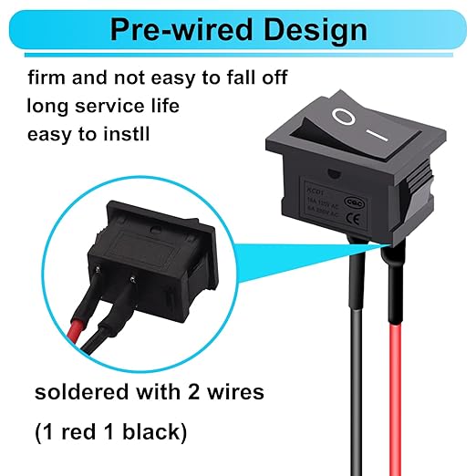 TWTADE 10Pcs Rocker Switch ON/Off 2Pin Latching Square Toggle SPST Switch Snap with Wires KCD1-X-F