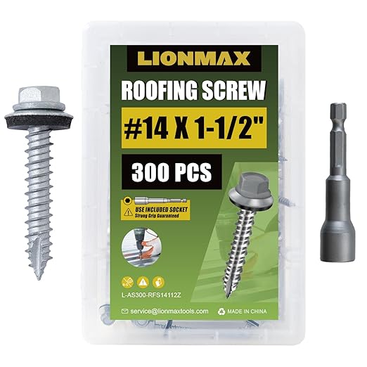 LIONMAX Metal Roofing Screws #14 x 1-1/2 Inch, 300-PCS, Rusproof Coating Hex Head Sheet Metal Roof Screws, Rubber Washer, Sharp Point, Metal to Wood Siding Screws, Hex Socket Included