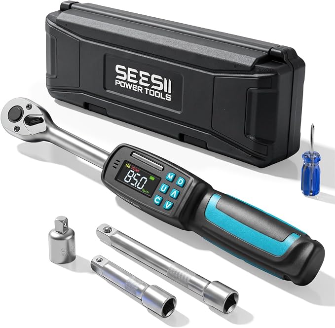 Seesii Digital Torque Wrench 3/8" Drive (2.95-99.6 ft.lbs / 4-135 N.m) | ±2% Accuracy, Buzzer and LED Flash 4 Units Mode with 5"&3" Extension Bar 1/2" Adapter for Auto/Motorcycle/Bicycle Repair