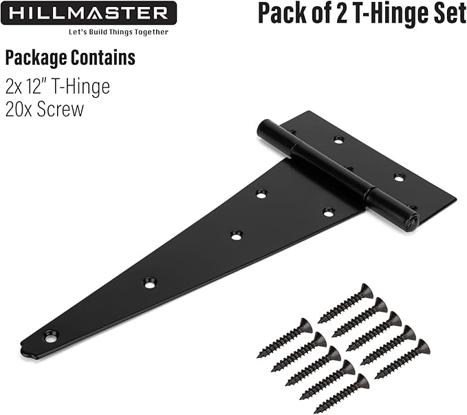HILLMASTER 12 Inch T-Strap Heavy Duty Shed Door Hinges Gate Strap Hinges Black Tee Hinge Wrought Hardware for Wooden Fences,Yard,Barn Door,Rustproof (2 Pack)