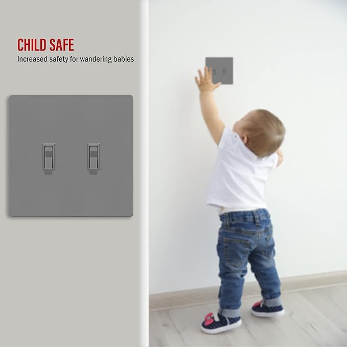 ENERLITES Screwless Double Toggle Switch Wall Plate, Child Safe Dual Light Switch Cover, Standard Size 2-Gang 4.68" x 4.73", Unbreakable Polycarbonate Thermoplastic, UL Listed, SI8812-GY, Glossy, Gray