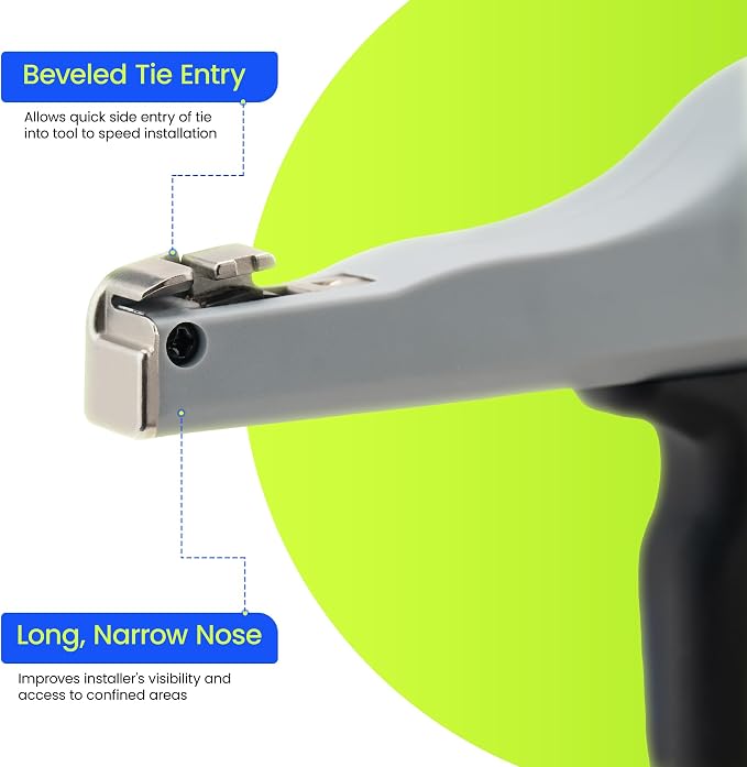 Low-Impact Cable Tie Gun for Plastic & Nylon Zip Tie, Replace Panduit GTS-E, Ergonomic Zip Tie Gun with Adjustable Tension, 16-Position Knob, Flush Cut, Low Handle Force, Fits 8-50 lb Cable Ties
