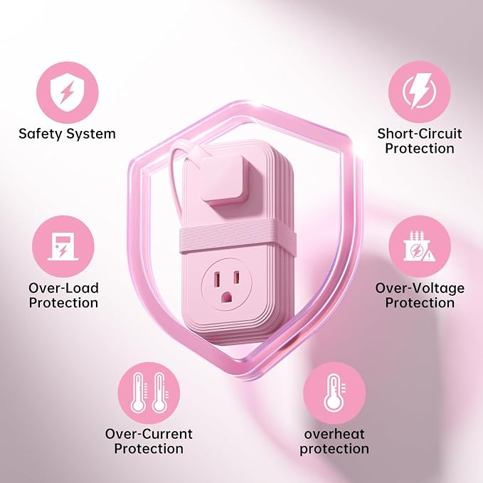 Travel Power Strip, SMALLRT Extension Cord with Multiple Outlets, 6.5FT Wrapped Extension Flat Plug Power Strip with 4 AC Outlets for Travel, Hotel, Cruise Approved, No Surge Protection, Pink