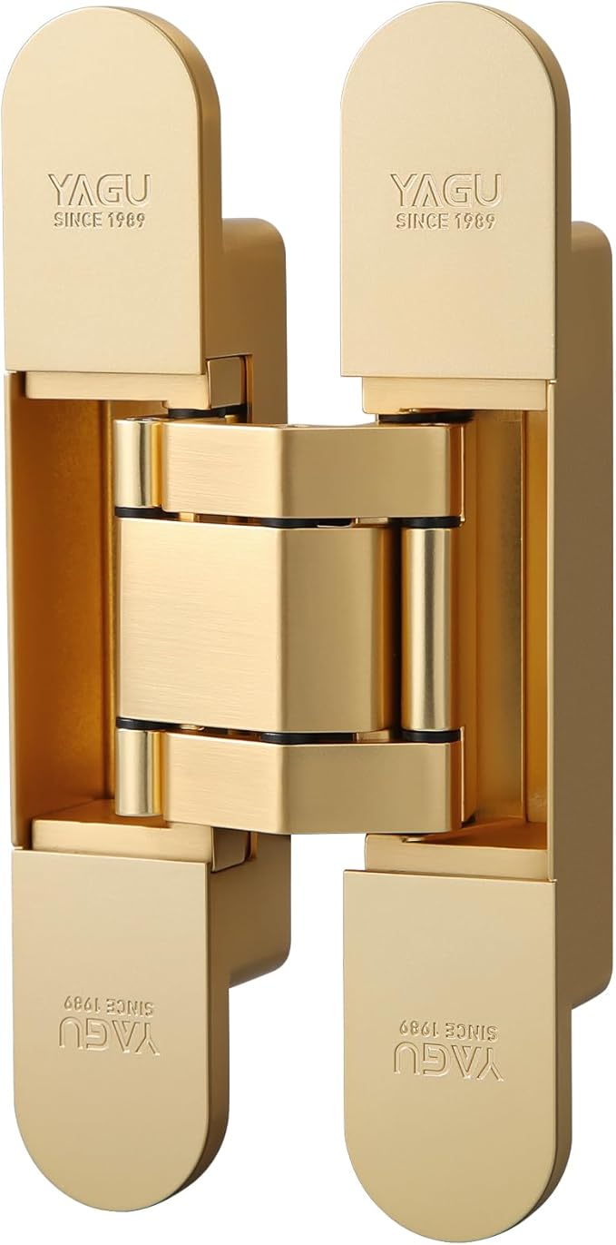 YAGU 3 Way Adjustable Invisible Door Hinge Concealed Hidden 180 Degree Swing Hinge Zinc Alloy Butt Hinge 6.5 * 3.2 * 1.1 Inch, Matte Gold(1 Piece)
