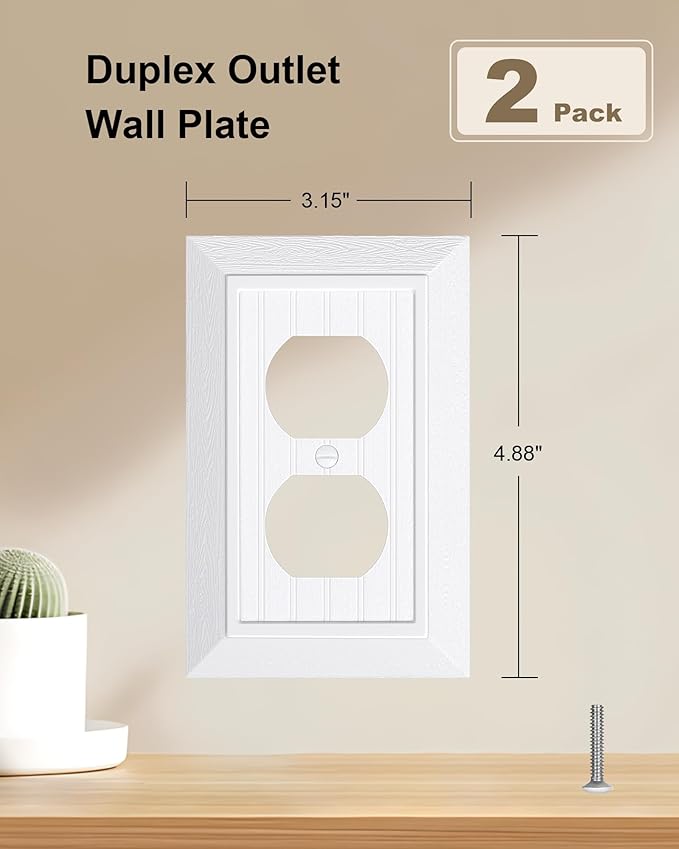2-Pack Classic Beadboard Duplex Outlet Cover Plate, Decorative Unbreakable Polycarbonate Switch Plates and Outlet Covers, Pure White Wall Plates for Electrical Outlets, 1 Gang Receptacle Cover