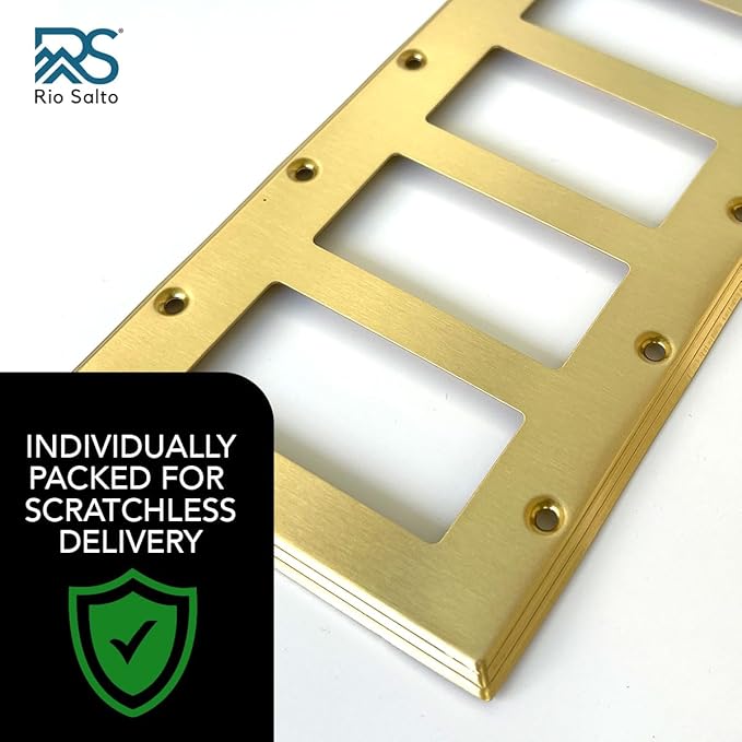 Rio Salto BRASS Deco Collection Standard Size 4-Gang Quad Rocker Gold Decorator Switch of Receptacle Wall Plate Cover Light Switch Wallplate Covers 4 Gang GFCI Brushed Brass Rocker Metal