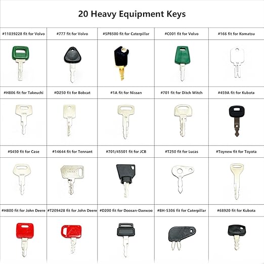 20PCS Heavy Construction Equipment Keys Set,Machinery Operator Ignition Keys Compatible with Volvo Case Hyster Kubota Caterpillar JCB Bobcat Takeuchi Hitachi JD