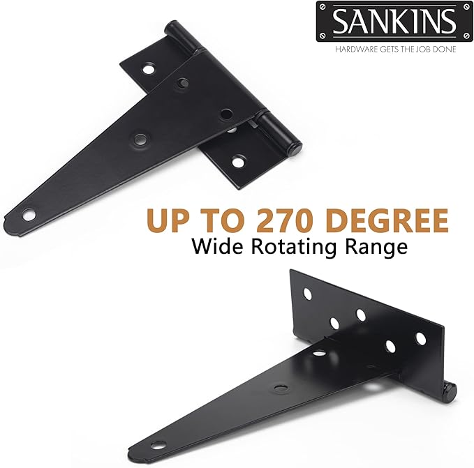 8 Inch T-Strap Shed Door Hinges Heavy Duty, Black Tee Hinge for Wooden Fences, Yard Door, Barn Door Gates, Wrought Hardware Rustproof, 2PCS