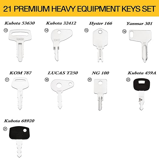 21 Heavy Construction Equipment Key Set fits Cat, JD, Case, Komatsu, Hyster, Kubota, JCB, Bobcat, Daewoo, JLG, Toyota & More, Master Ignition Key for Workers and Opeartors