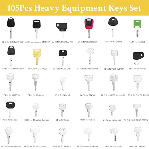 105PCS No-Duplicate Heavy Equipment Keys Master Set for Caterpillar Cat John Deere Komatsu Volvo Bobcat Kubota JCB Case Hyster Yanmar Daewoo Takeuchi Ford New Holland Construction Machine