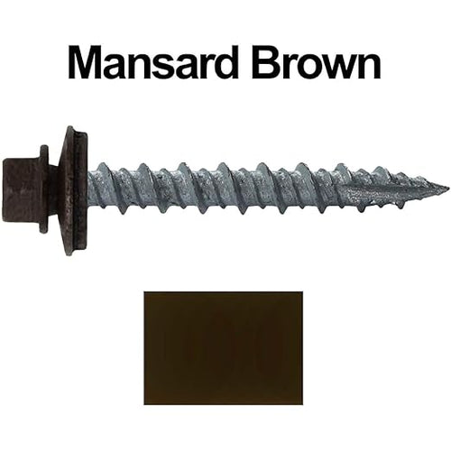 10 x 1-1/2" Mansard Brown Metal Roofing Screws - Hex Washer Head- Self-Starting/Tapping - EPDM Washer. 8 X 250 Bags - 2,000 Screws