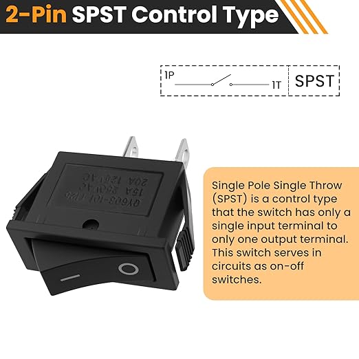 2 Pin 2 Position Boat Shaped Rocker Switch, KCD3-101 ON/Off Snap in Toggle Switch, AC 250V/15A 125V/20A Red Rocker Switch Toggle for Car Auto Boat Household Appliances (Black 6 Pack)