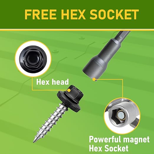 300 Pcs, #10 x 1 Inch Black Painted Hex Head Metal Roofing Screws, Sharp Point Sheet Metal Roof Screw with Rubber Washer, Self Tapping Metal to Wood Siding Screws, Hex Socket Included