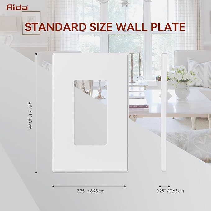 AIDA 1-Gang Screwless Light Switch Cover Plate, Standard Decorative Outlet Covers - Matte White, 1-Pack Unbreakable Polycarbonate Wall Plates for Decorator Device, UL Listed, 4.5" H x 2.75" L