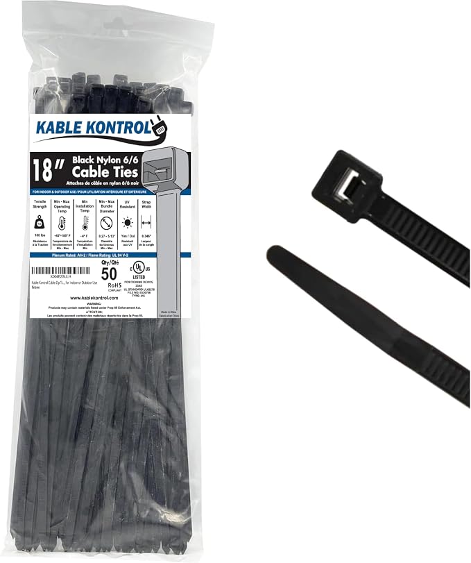 Kable Kontrol Cable Zip Ties, 18 Inch, 50 Pcs, HD 175lbs Test, Black | Nylon Plastic, UV-Resistant, Self Locking, UL Listed, Indoor & Outdoor Use