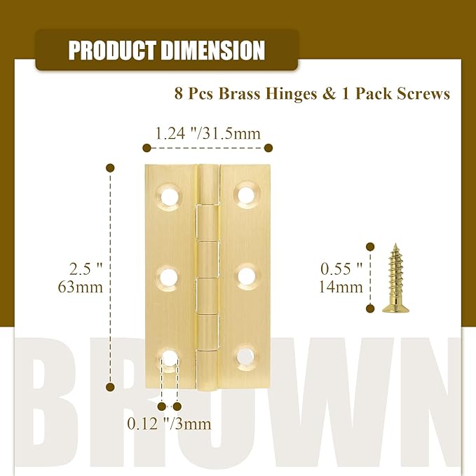 8pcs 2.5 Inch Brass Hinges, Mini Butt Hinge for Cabinet Door, Box, Jewelry, Wooden Box, Small Cupboard Furniture (Gold)