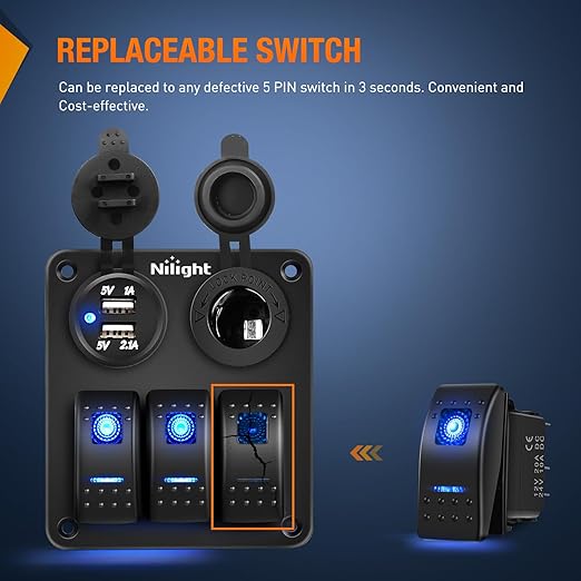 Nilight 3 Pack Rocker Switches with Night Glow DIY Stickers On Off Toggle 5 PIN SPST LED Light Blue Backlit 12V/24V for Cars Trucks RVs Boats Auto Motorcycles