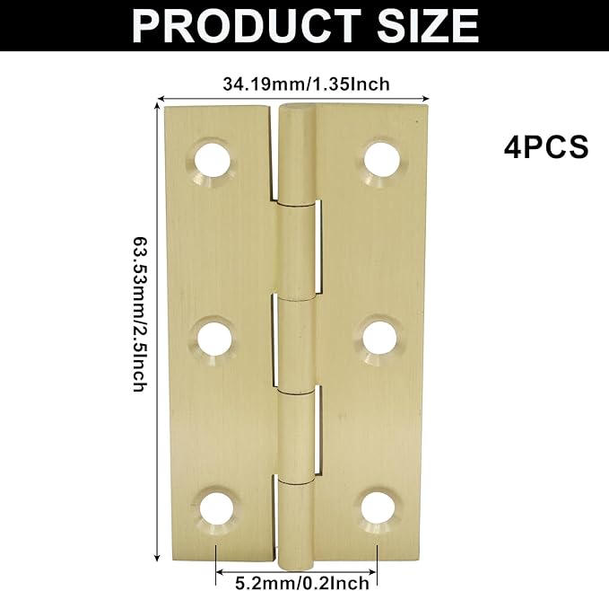 Murtenze 4 Pcs 2.5 Inch Mini Solid Brass Hinges，Brass Cabinet Hinges Small Box Hinges Butt Hinges for Cabinet, Drawer, Wood Box