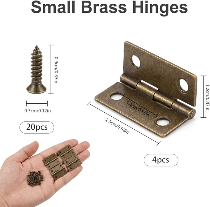 4 Pcs Mini Brass Hinges for Wooden Boxes, Small Folding Butt Hinges for Jewelry Box, Cabinet, Drawer and Craft Projects, Durable Decorative Hinges with Screws(20cps) for DIY Cases and Furniture