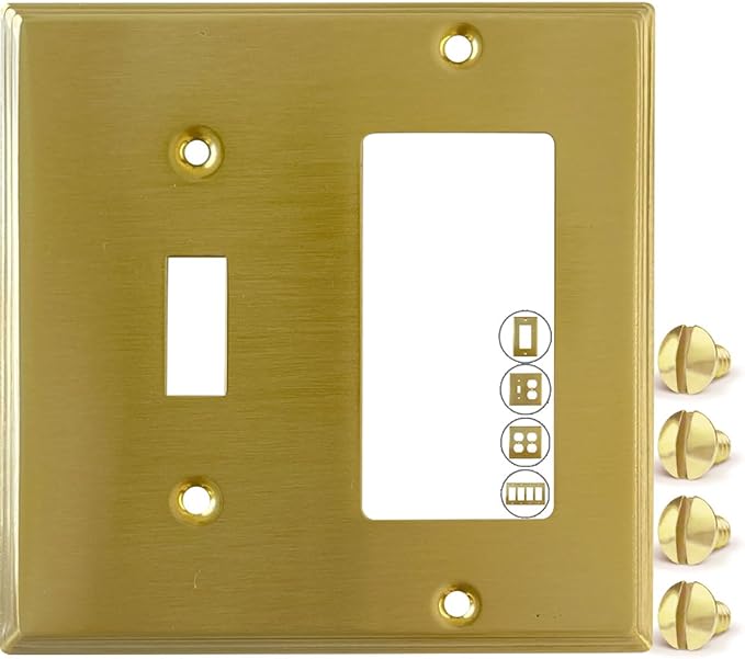 Rio Salto BRASS Deco Collection Standard Size Toggle Rocker Combo Metal Gold Light Switch Cover Wall Plate Combination Modern Togle Decorator Rocker 2-Gang Decorator Wallplate
