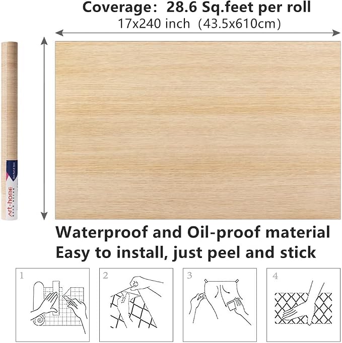 Arthome 16.5" x240"Peel and Stick Oak Wood Contact Paper Self-Adhesive Wall Paper,Decorative Vinyl Film for Countertop, Cabinets, Shelf, Drawer Liner,Easy to Clean Removable Wall Covering