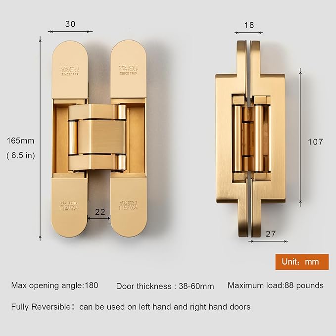 YAGU 3 Way Adjustable Invisible Door Hinge Concealed Hidden 180 Degree Swing Hinge Zinc Alloy Butt Hinge 6.5 * 3.2 * 1.1 Inch, Matte Gold(1 Piece)