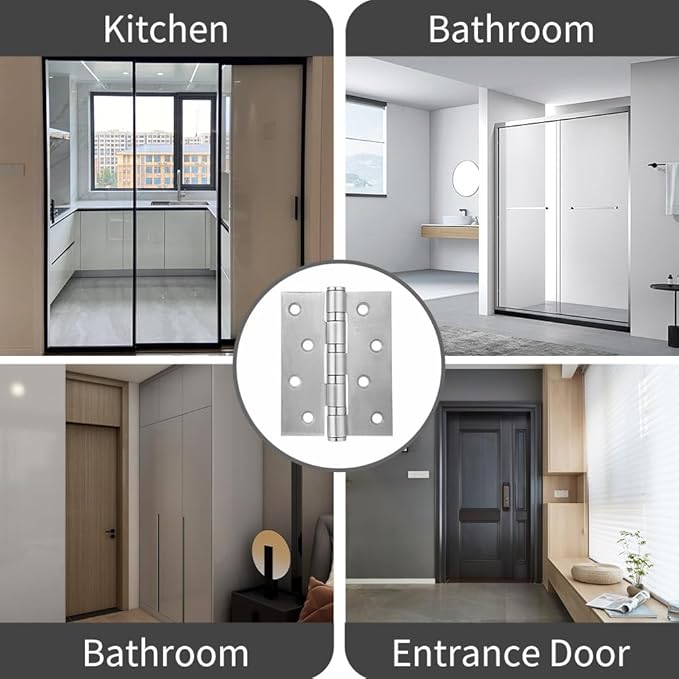 6 Pack Square Interior Door Hinges 4X3 inches Stainless Steel Door Hinge, Silver Butt Hinge Ball Bearing Hinges Window Hinges Outdoor Hinge with Screws