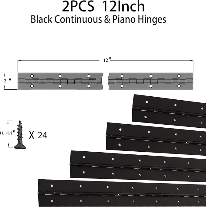 2-Pack 12-Inch Black Stainless Steel Heavy Duty Continuous & Piano Hinge, 2" Open Width Piano Boat Hinges, with Pre-Drilled Holes and Screws, Ideal for Piano Cabinets ane Wooden Box.