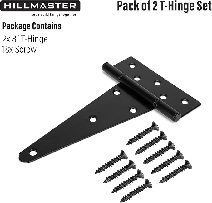 HILLMASTER 8 Inch T-Strap Heavy Duty Shed Door Hinges Gate Strap Hinges Black Tee Hinge Wrought Hardware for Wooden Fences,Yard,Barn Door,Rustproof (2 Pack)