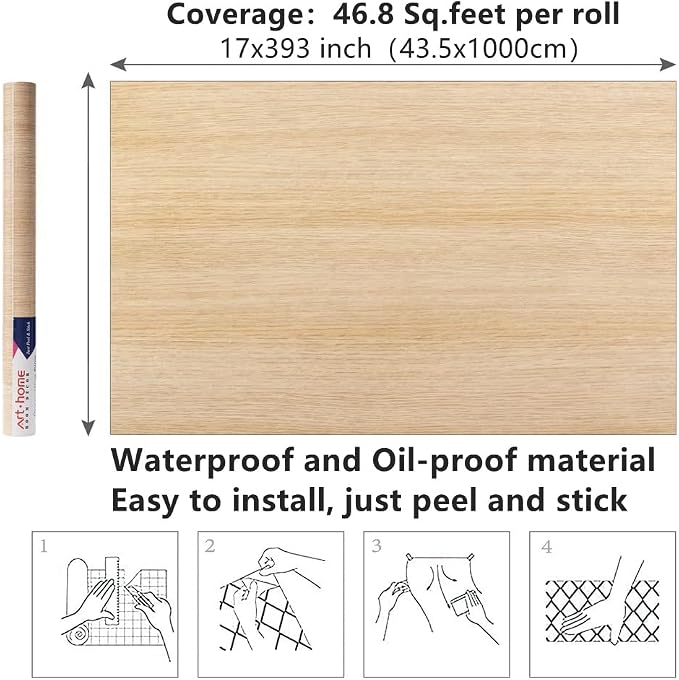 Arthome 16.5" x393"Peel and Stick Oak Wood Contact Paper Self-Adhesive Wall Paper,Decorative Vinyl Film for Countertop, Cabinets, Shelf, Drawer Liner,Easy to Clean Removable Wall Covering