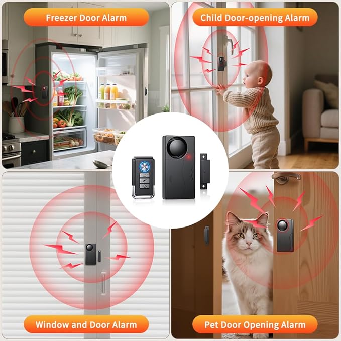 WSDCAM 110dB Door Alarm with Remote, Wireless Anti-Theft When Opened, Door Bells Chimes, Magnetic Security Alarms for Door, Window, Cabinet, Pool Safety for Kids, Alzheimer's Care Black