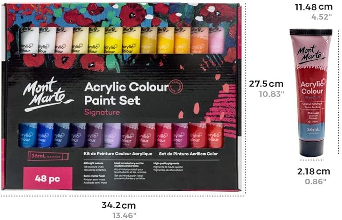 Mont Marte Acrylic Colour Paint Set Signature 48pc x 1.21 US fl.oz (36ml), Acrylic Paint Kit Ideal for Canvas, Wood, Air Dried Clay, Cardboard and More, Great Beginner Acrylic Paint Set, Includes 48 Colors
