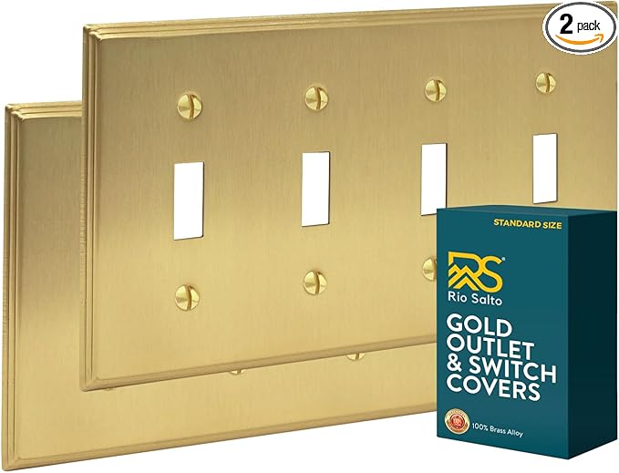 Rio Salto BRASS Deco Collection Standard Size Quad Toggle Gold Light Switch Cover Wall Plate Modern Linear Corrosion Resistant Big Wallplate Covers 4 Gang Brushed Brass Togle Switch 4-Gang (2-Pack)
