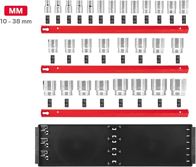 TEKTON 1/2 Inch Drive 6-Point Socket Set, 29-Piece | SHD92124 | (10 - 38 mm), Shallow, Socket Rail