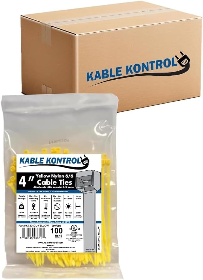 Kable Kontrol Cable Zip Ties, 4 Inch, 40000 Pcs, 18lbs Test, Yellow | Nylon Plastic, Self Locking, UL Listed, Indoor Use