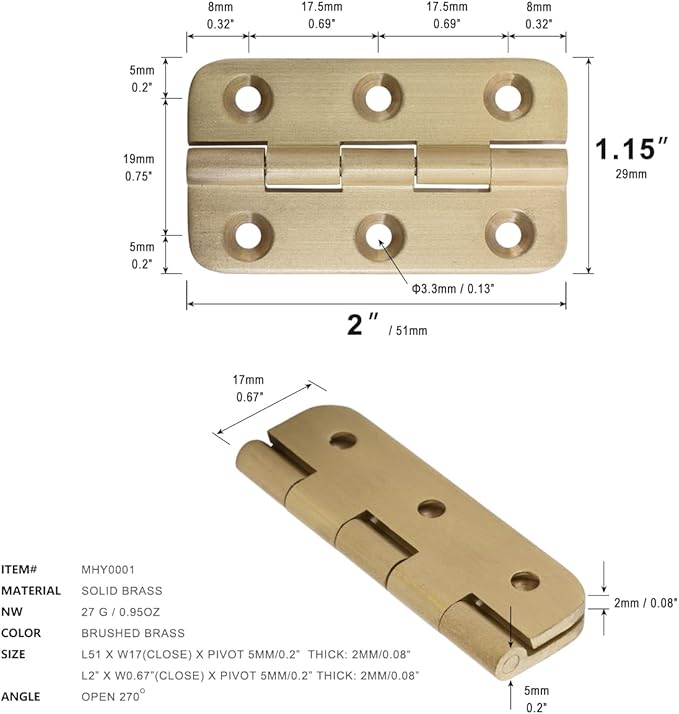 Keenkee 4 PCS Brushed Solid Brass Butt Hinges 2 Inch for Cabinet Doors, Trunks, Wood, Chest Lid, Crafts, Jewelry Box and Small Wooden Boxes, Furnitures, Round Corner Mortise Brass Hinge with Screws