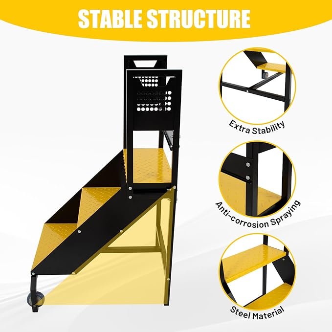 3-Step Steel Ladder with Wheels & Handrails, 440 lbs Load Capacity Heavy Duty Rolling Stairs with Tool Panels, 30" Top Step Height, Non-Slip Pedal Mobile Step Stool for Industrial & Warehouse