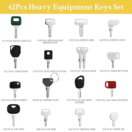 42 Heavy Equipment Keys Master Set, Machine Ignition Key for Cat Caterpillar John Deere Komatsu Volvo Bobcat Kubota JCB Case Hyster Yanmar Daewoo Takeuchi New Holland Construction Equipment
