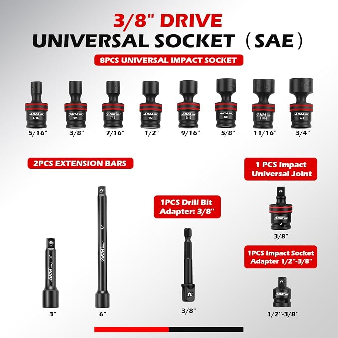 3/8" Drive Universal Impact Socket Set, 13 Piece Swivel Socket Set, Universal Joint Wobble Socket 6-Point, SAE, 5/16"-11/16", Cr-Mo, with Extension Bars, Socket Adapter, Drill Bit Adapter