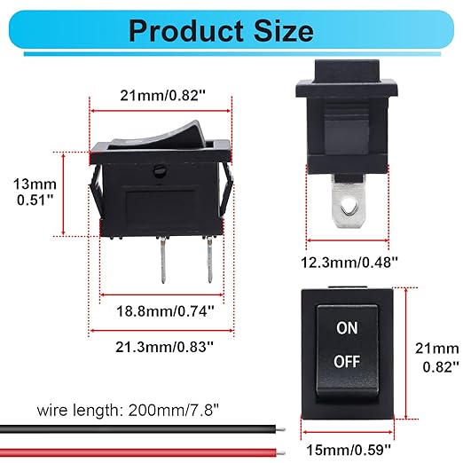 TWTADE 5PCS Latching Rocker Switch ON/Off 2 Pin 2 Position SPST Car Auto Boat Square Rocker Toggle Switch with Pre-Wired AC 10A/125V 6A/250V