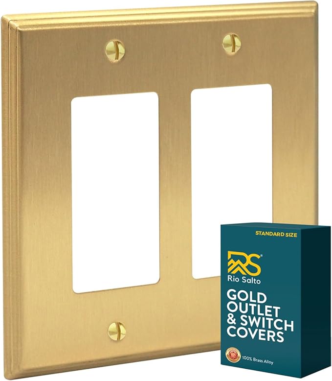 Rio Salto BRASS Rocker Light Switch Cover Plate Double Rocker Switch Plate 2 Gang Decorator Paddle GFCI Brushed Gold Metal Outlet Covers Decorative Wall Plates — Deco Collection, Standard, 4.50"x4.56"