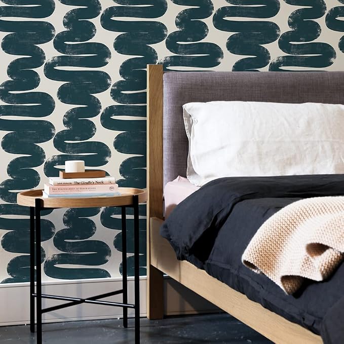 Tempaper x Bobby Berk Blue & Cream Wiggle Room Removable Peel and Stick Wallpaper, 20.5 in X 16.5 ft, Made in The USA