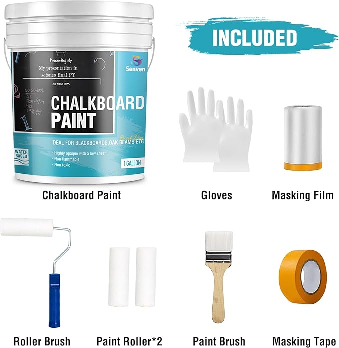 Chalkboard Paint 1 Gallon Black Chalk Board Paint for Wood, Metal, Glass, Wall, Plaster Boards Sign, Frame, Interior/Exterior, Built-in Primer & Top Coat, Black Matte, Acrylic 330 sf with Tools kits